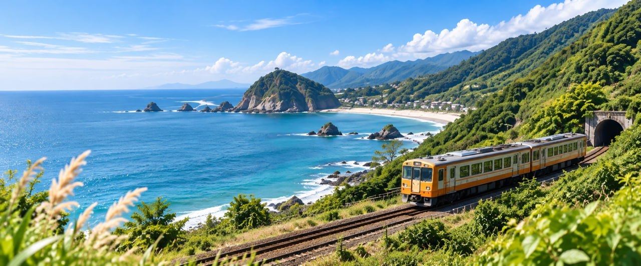 列車沿著海岸與山景行駛